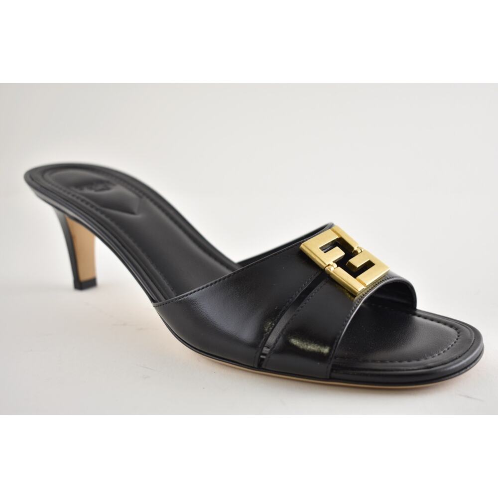 Fendi Fold Slide Black Leather Gold FF Logo Mule Kitten Heel Pump Sandals 37.5 - Picture 6 of 16